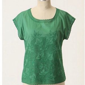 Anthropologie Green Top with Floral Detail